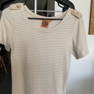 Women Tory Burch Beige Striped Short Sleeve Top